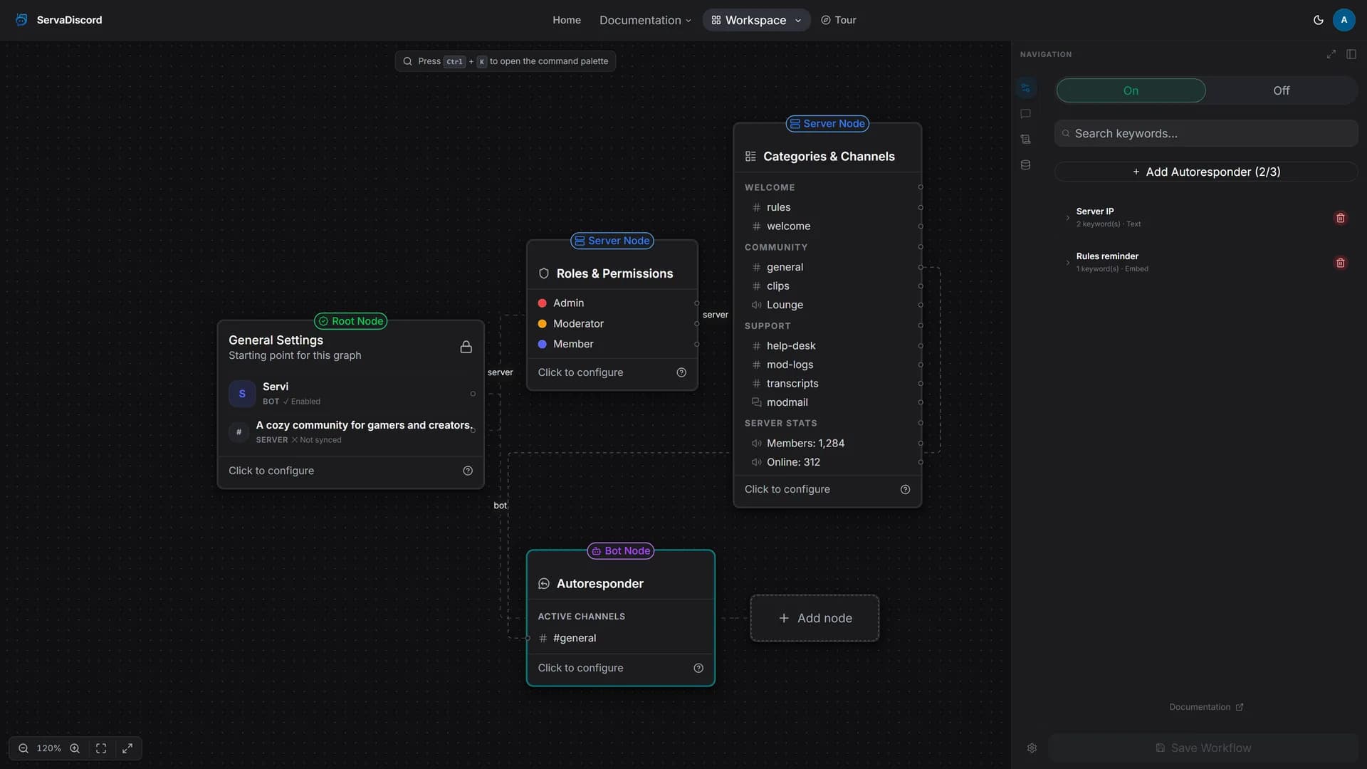 ServaDiscord workspace with the Autoresponder bot node and its configuration panel