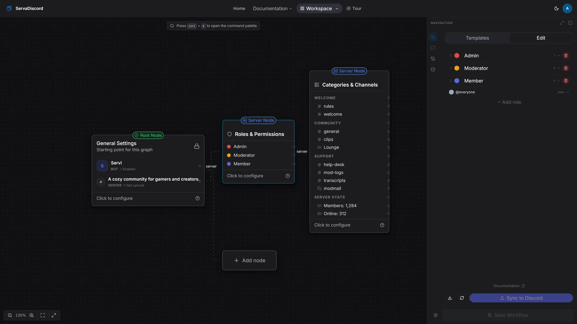 ServaDiscord workspace with the Roles & Permissions node and its configuration panel