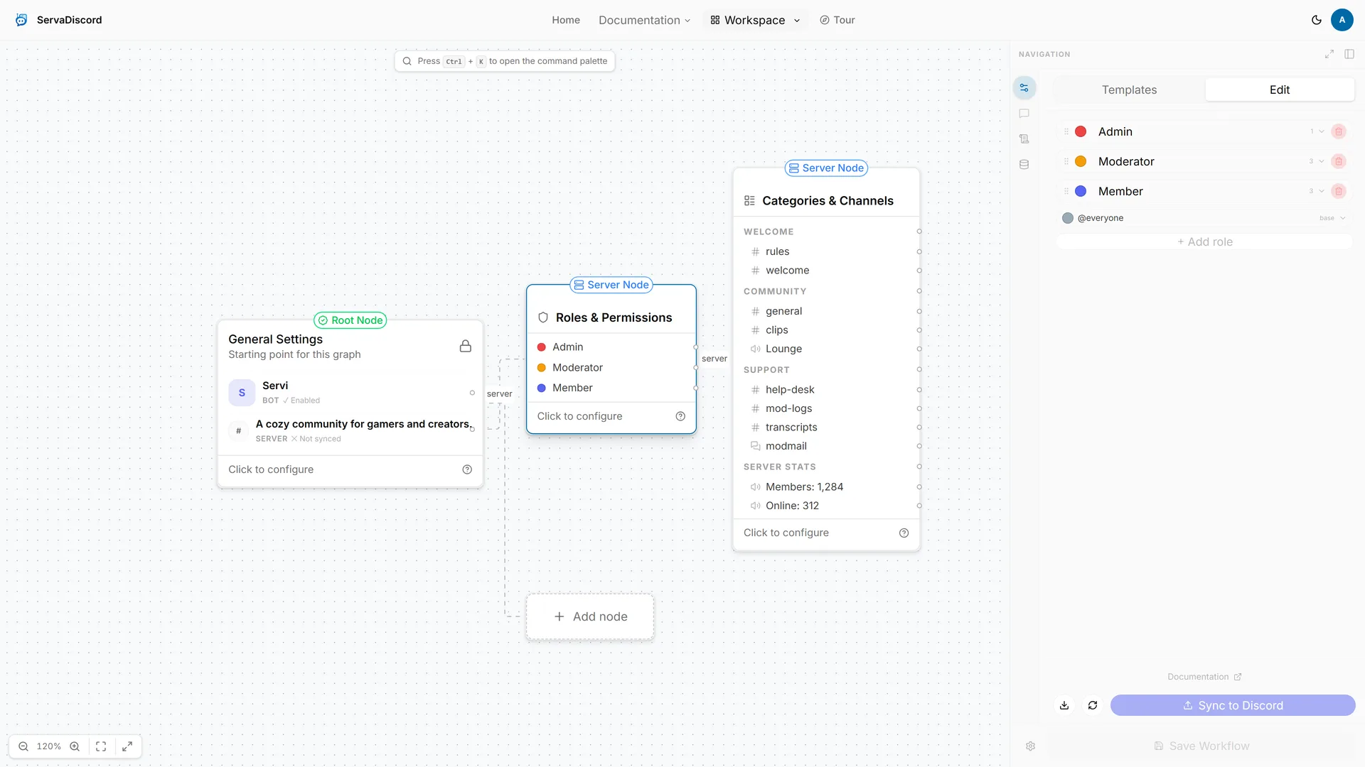 ServaDiscord workspace with the Roles & Permissions node and its configuration panel