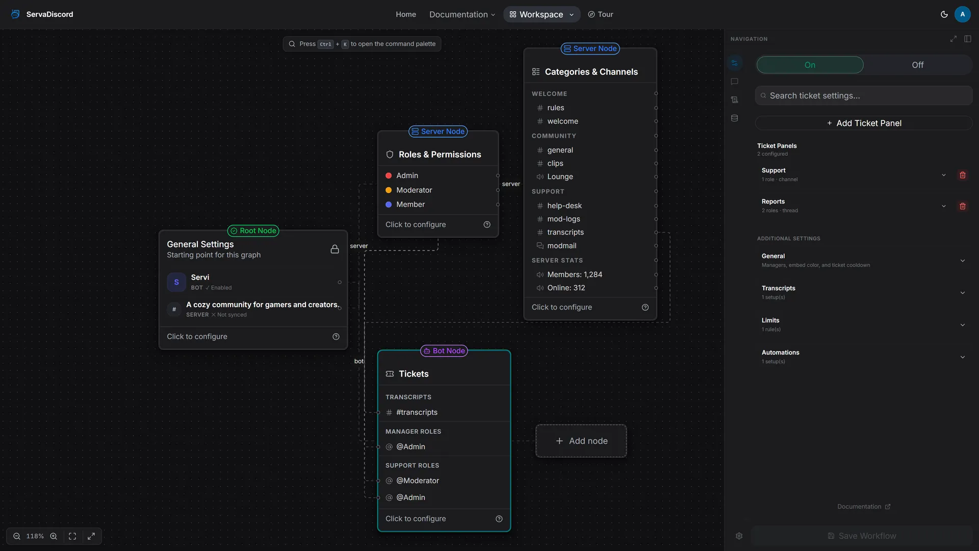 ServaDiscord workspace with the Tickets bot node and its configuration panel