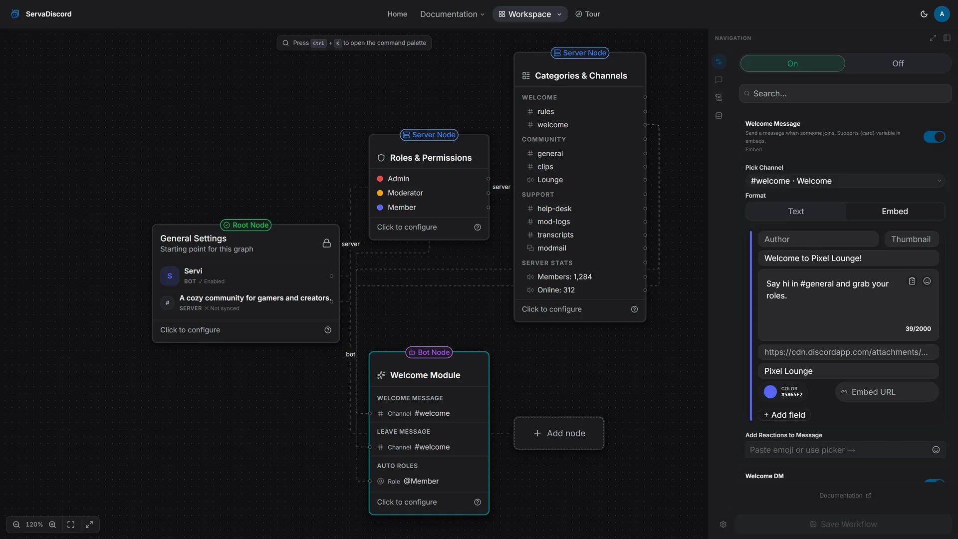 ServaDiscord workspace with the Welcome Module bot node and its configuration panel